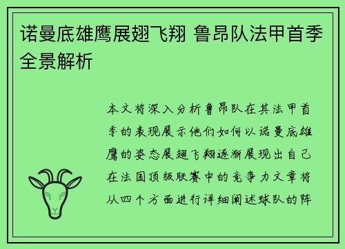 诺曼底雄鹰展翅飞翔 鲁昂队法甲首季全景解析