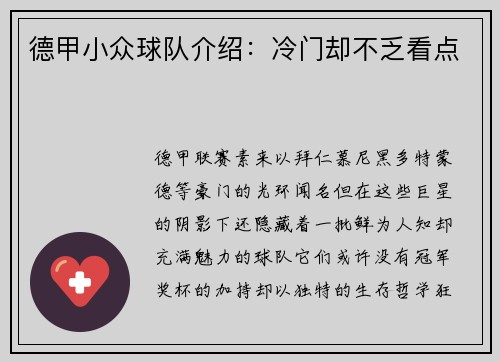 德甲小众球队介绍：冷门却不乏看点