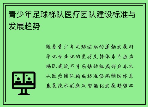 青少年足球梯队医疗团队建设标准与发展趋势